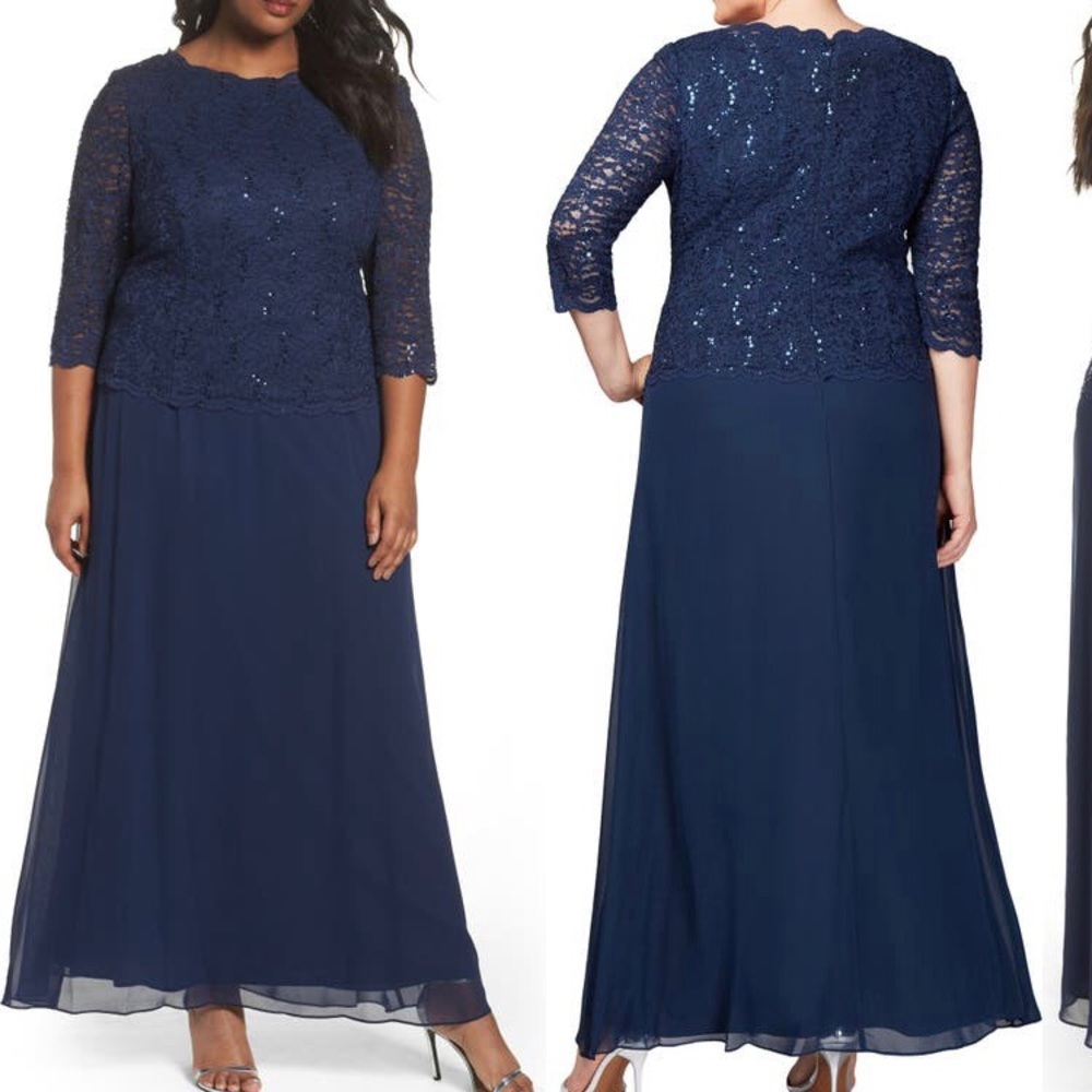 NWT Alex Evenings Mock Two Piece A Line Long Navy Dress size 14 W